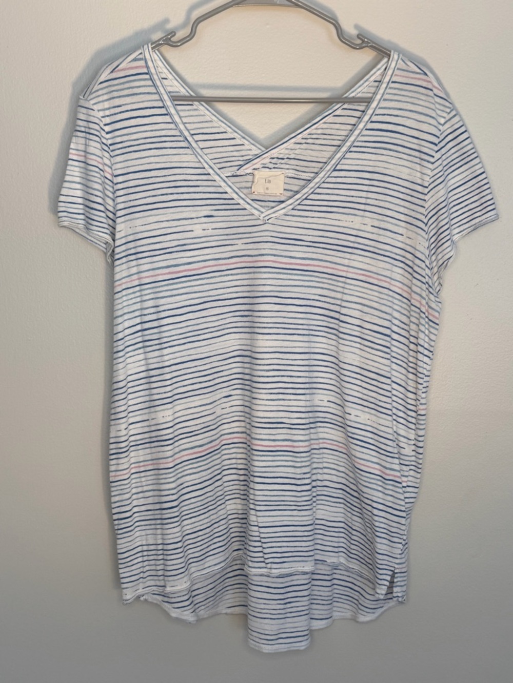 T.La Striped V-Neck Tee in Blue, White & Pink